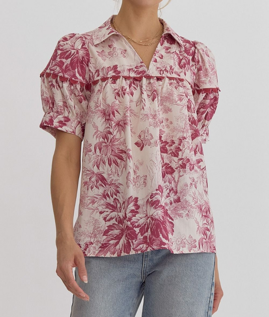 Entro Floral Top with Scallop Detail - Merlot