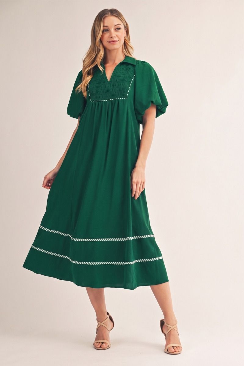 Jodifl Puff Sleeve Solid Midi Dress with Smock