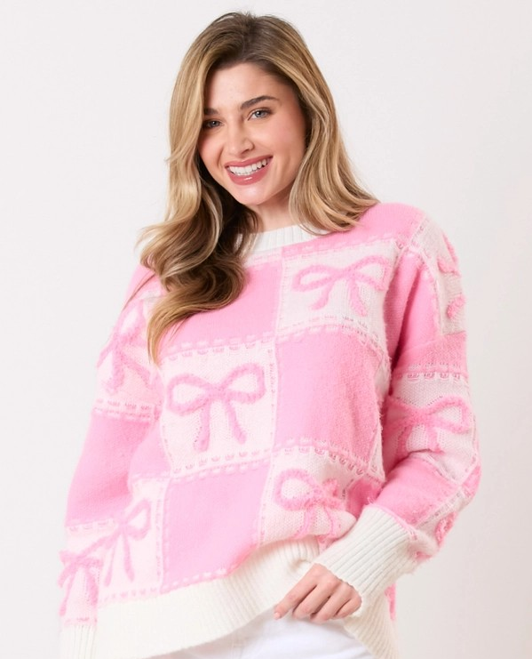 Peach Love Square & Bow Pattern Sweater