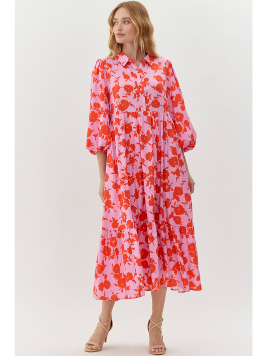 Jodifl LS Floral Midi - Pink and Orange