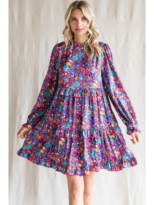 Jodifl Floral Tiered LS Dress - Fuchsia