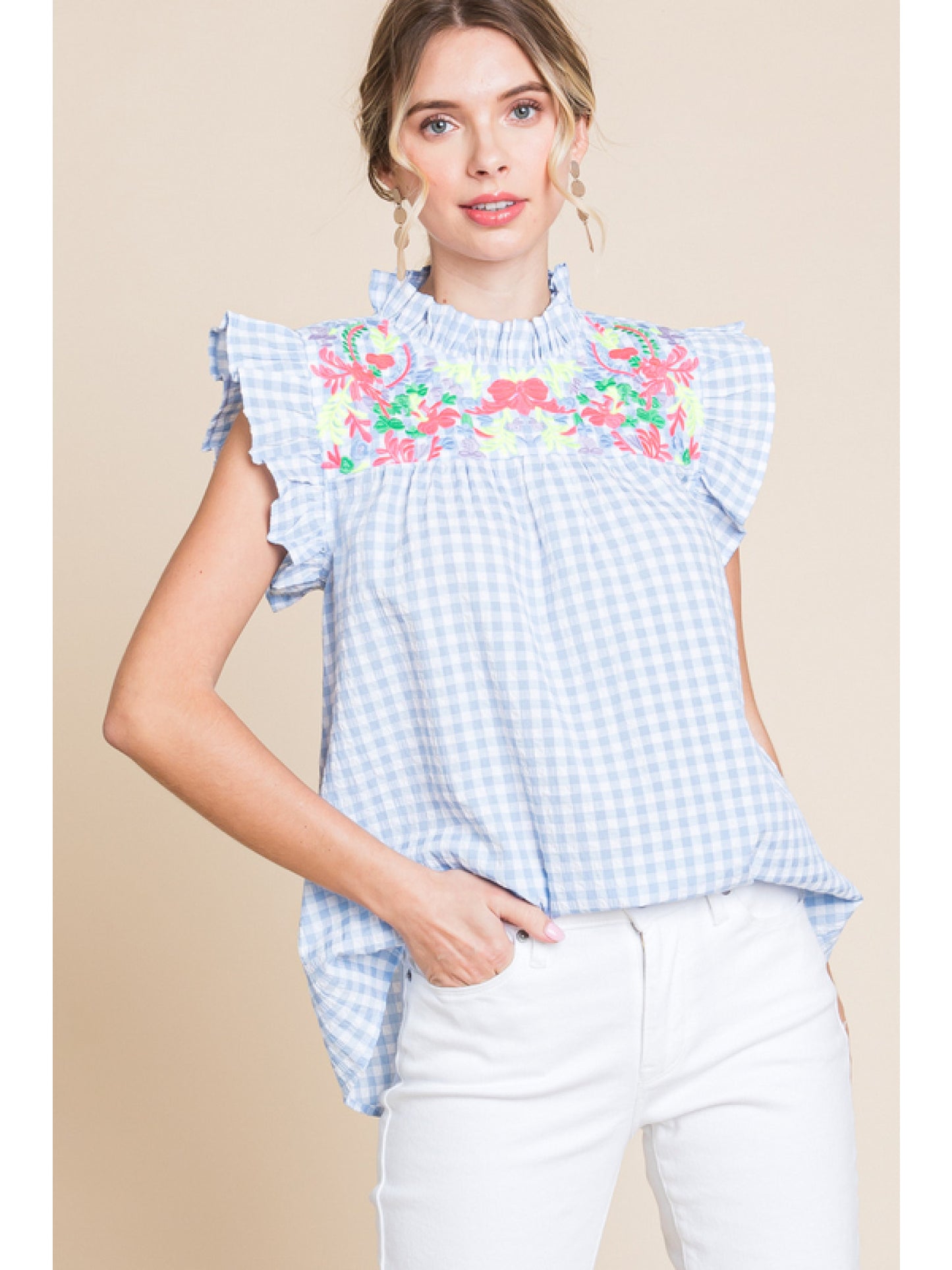 Jodifl Gingham Embroidered Top