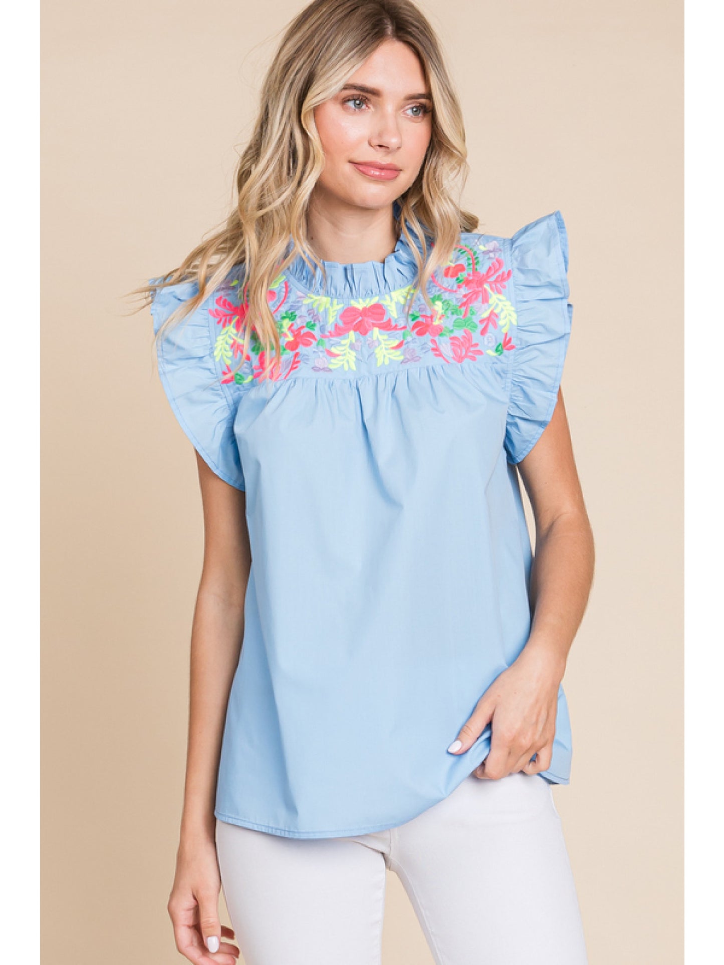 Jodifl Embroidery Flutter Top - Sky Blue