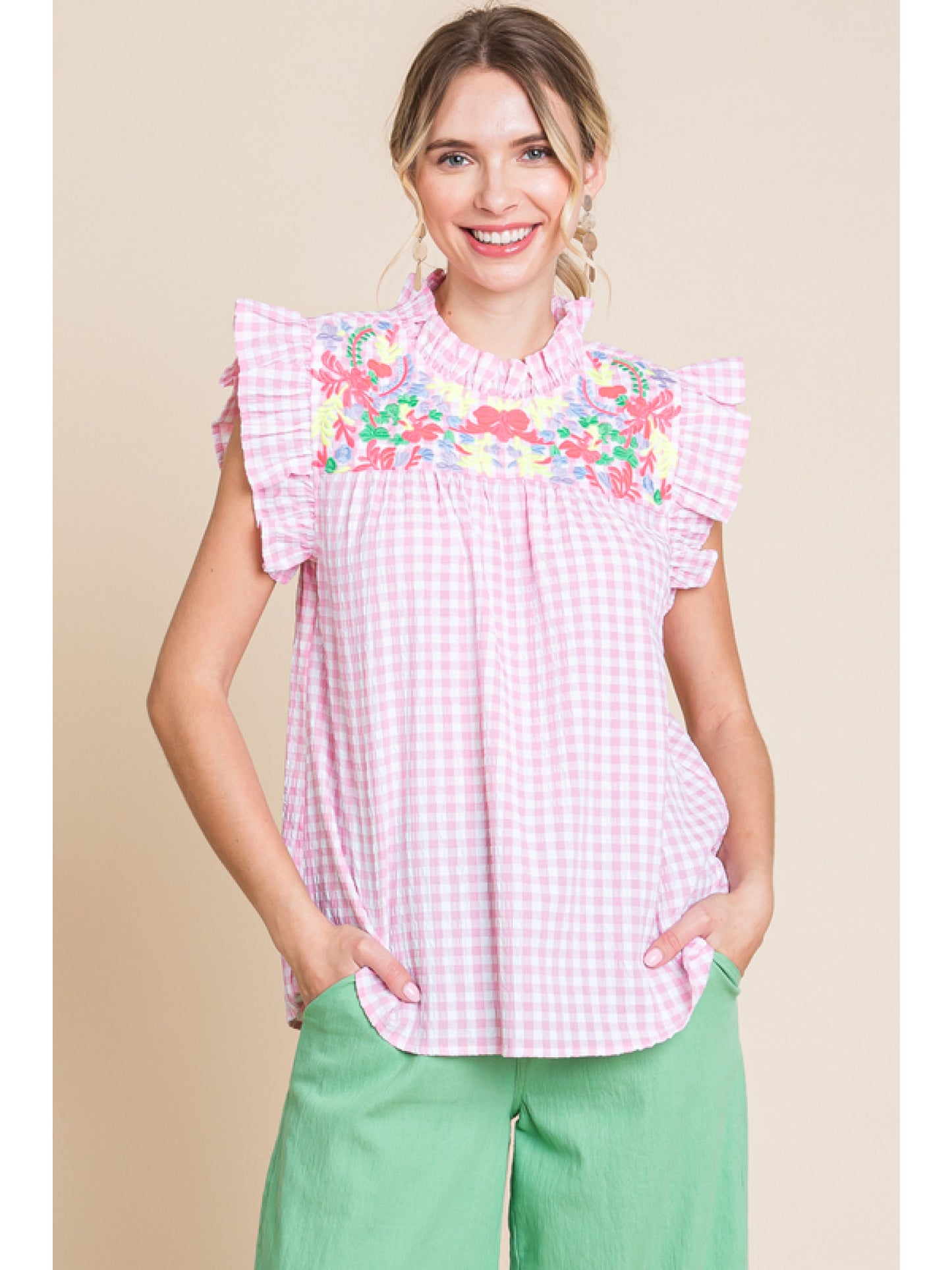 Jodifl Gingham Embroidered Top