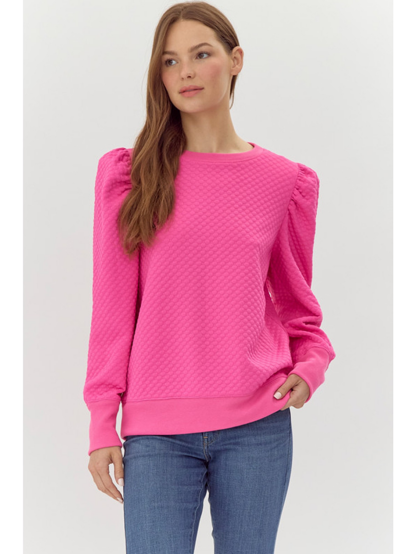 Jodifl Quilted Puff Sleeve LS Top - Hot Pink