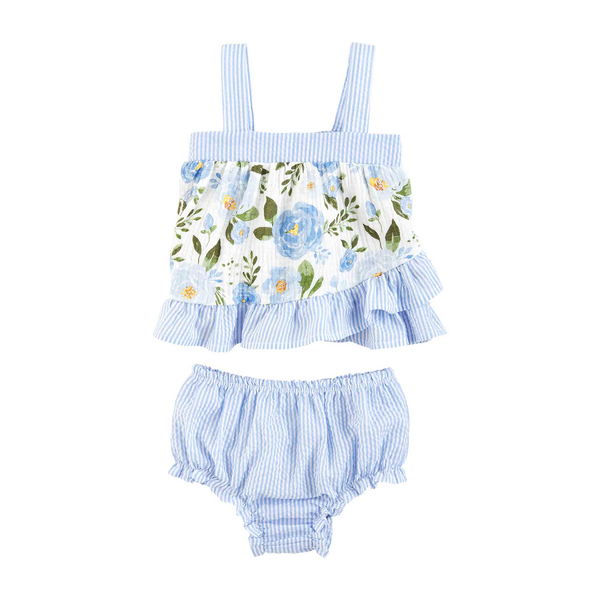 Mudpie Blue Rose Pinafore + Bloomer Set