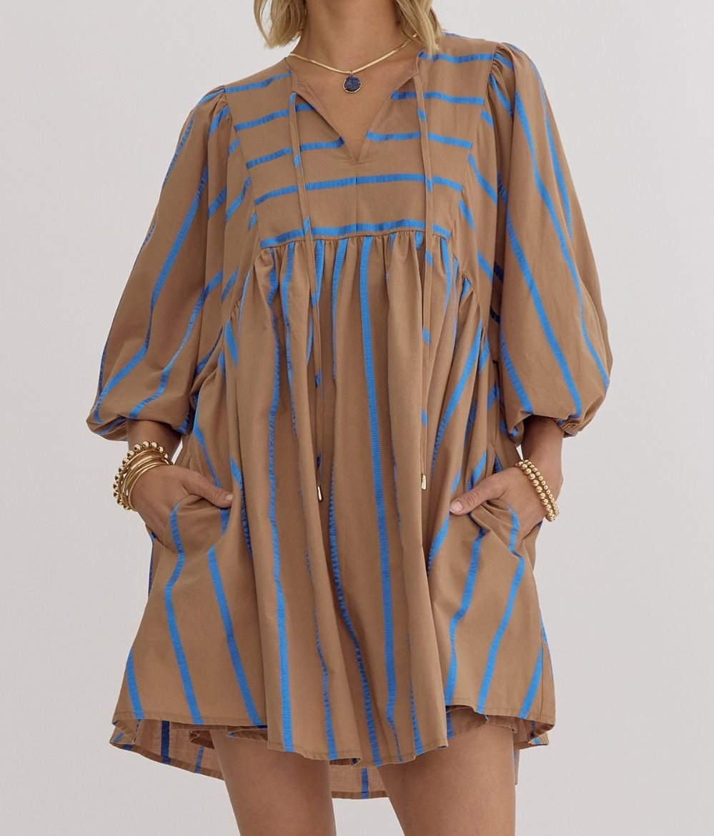 Entro Ribbon Striped Dress - Mocha/Turquoise