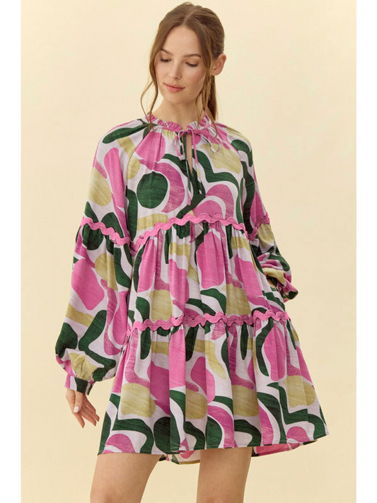 Jodifl Pattern Ric Rac Dress - Pink/Green