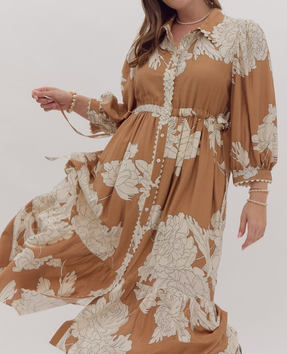 Entro Plus Floral Midi Dress - Camel/Cream