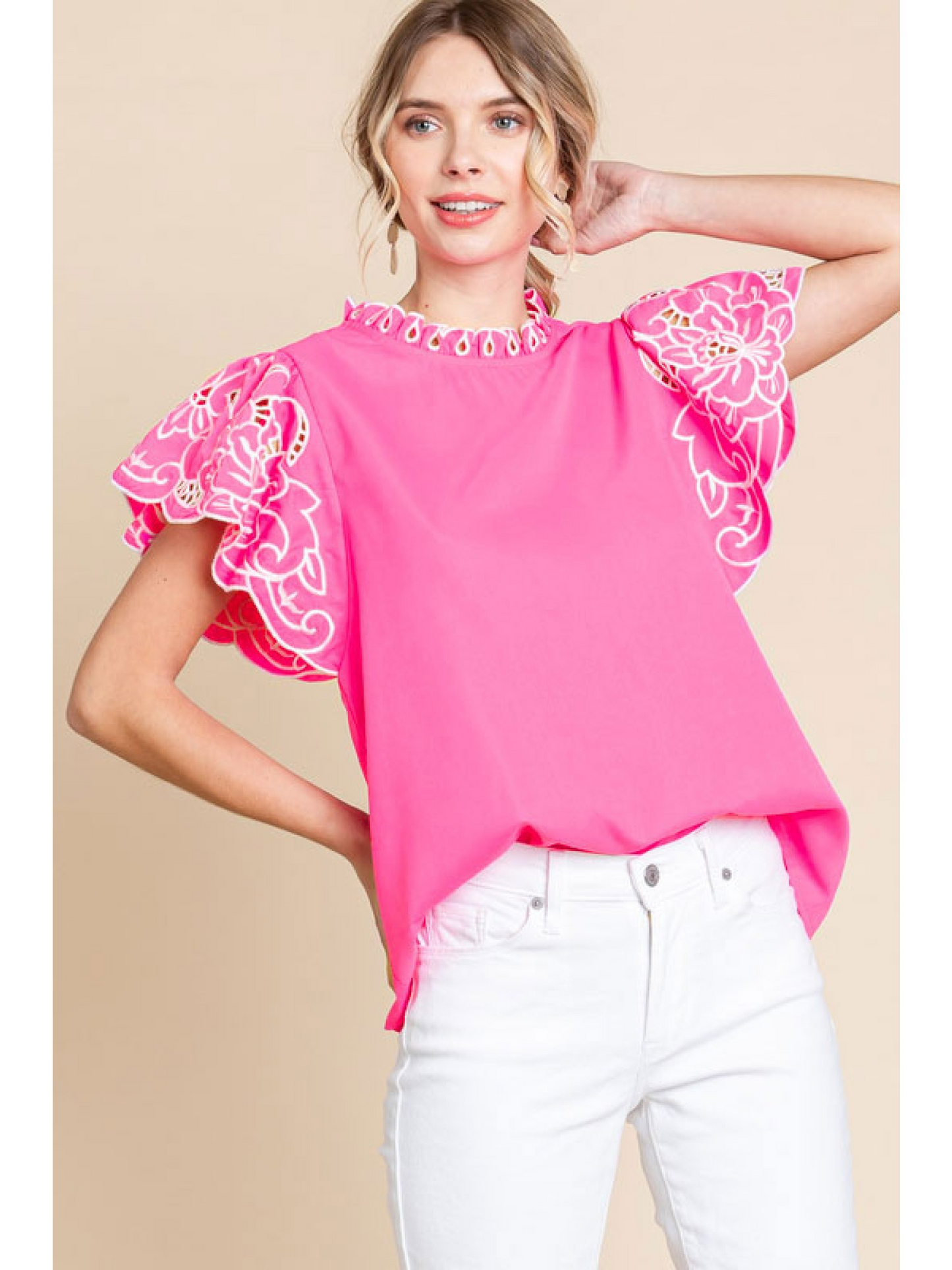 Jodifl Hot Pink Top with White Embroidery Details