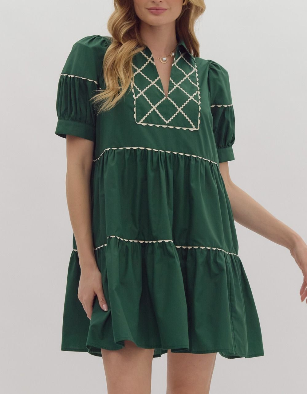 Entro Puff Sleeve Dress with Mini Scallop Trim