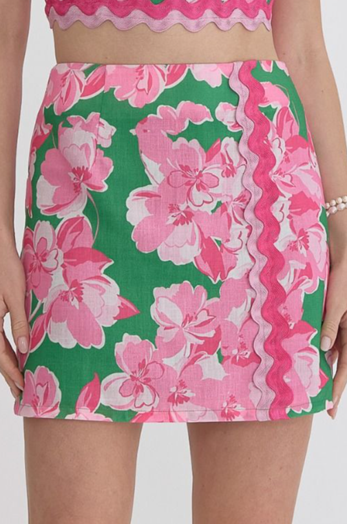 Entro Floral Skirt with Ric Rac Detail - Pink/Green