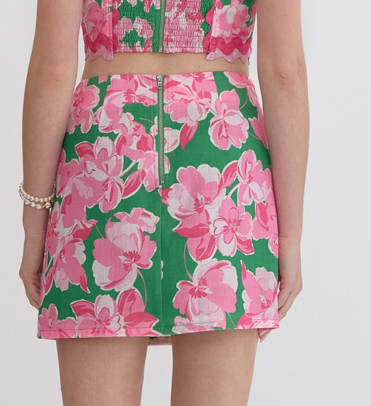 Entro Floral Skirt with Ric Rac Detail - Pink/Green