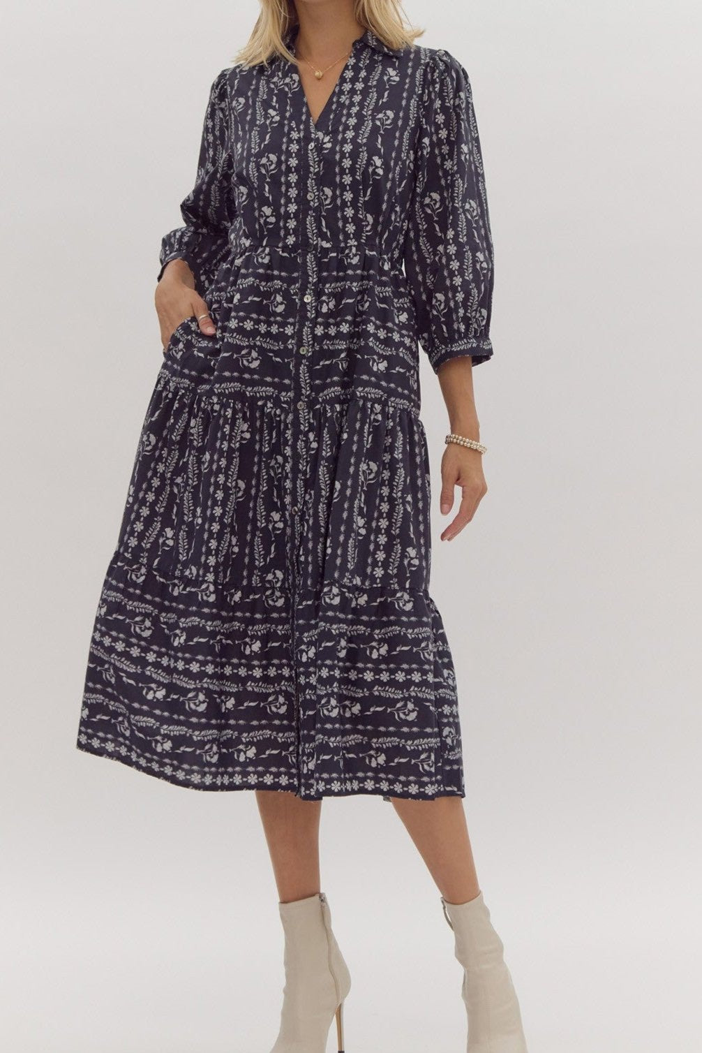 Entro Printed Fall Midi - Navy/Cream