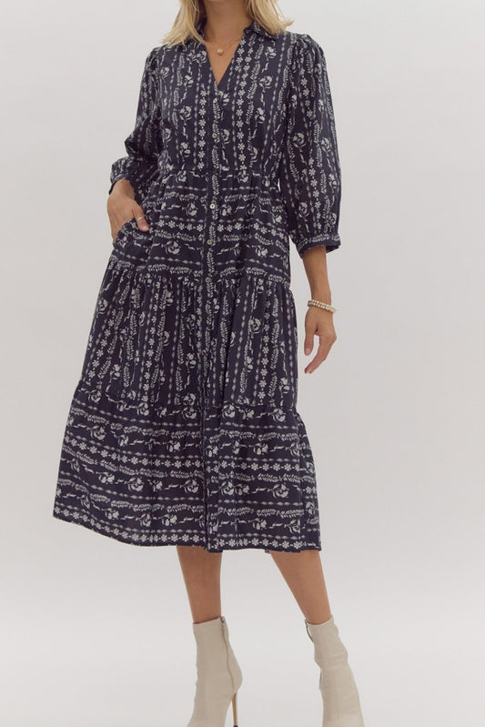 Entro Printed Fall Midi - Navy/Cream