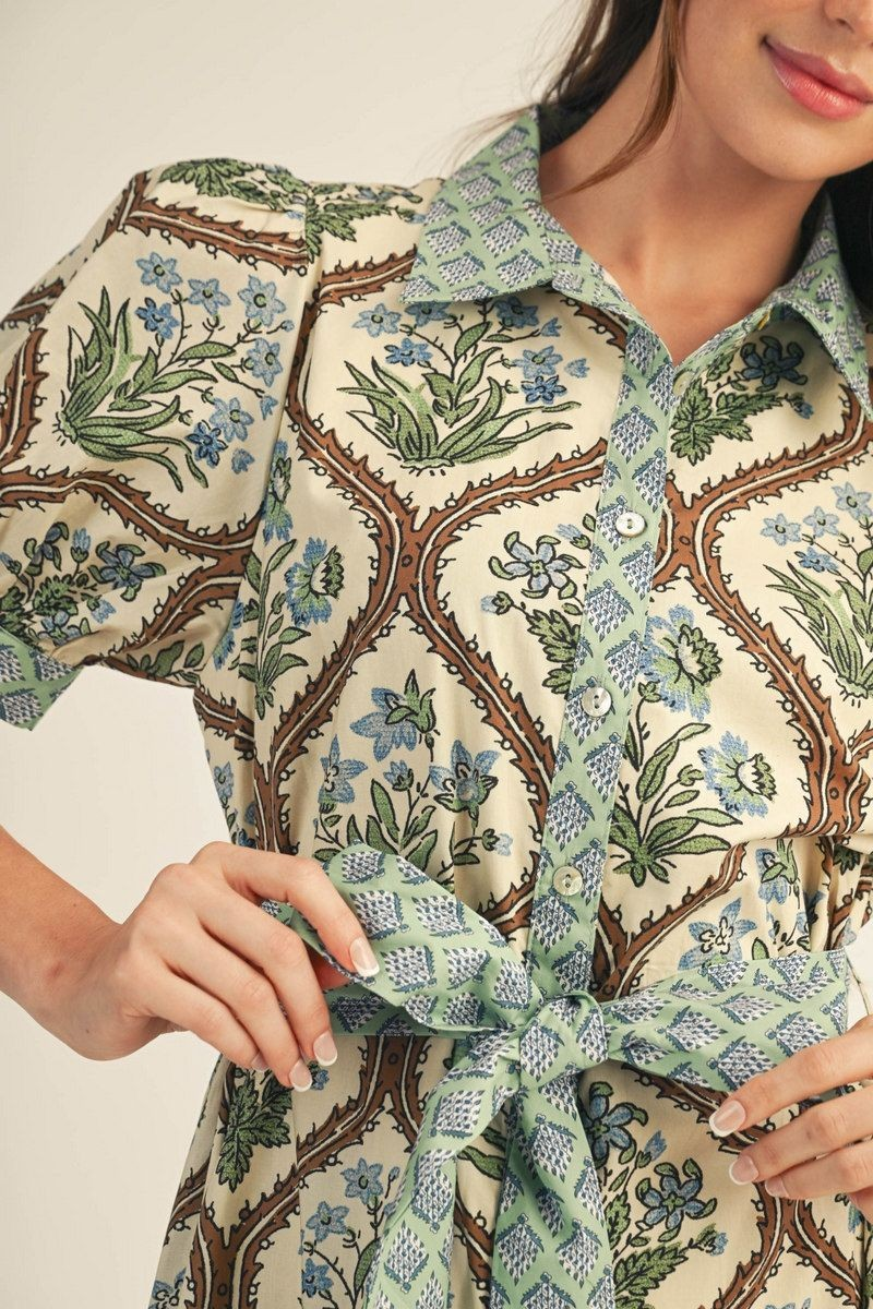 Jodifl Short Sleeve Floral Midi with Tie Waist