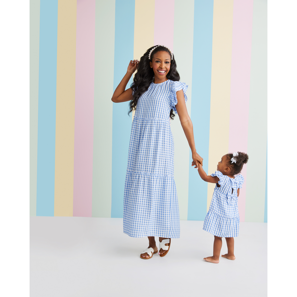 Mudpie Girls' Bardot Blue Gingham Bow Dress