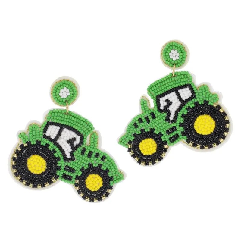 JM Beaded Green Tractor Earrings