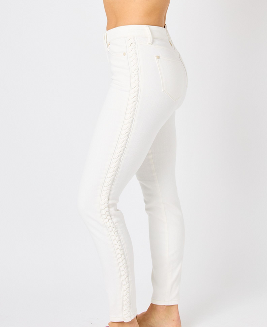 Judy Blue Braided Detail Relaxed White Jeans 88782