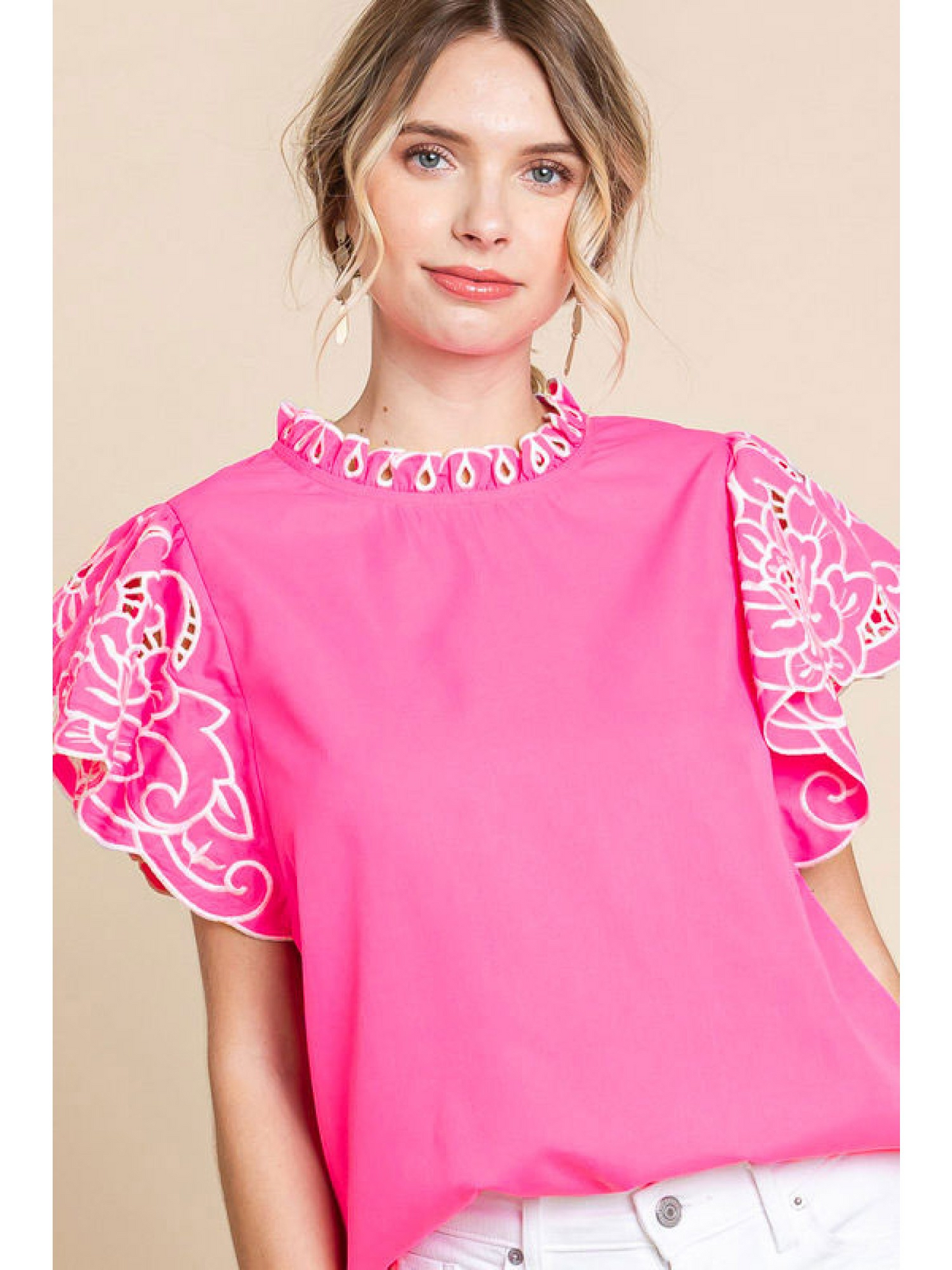 Jodifl Hot Pink Top with White Embroidery Details